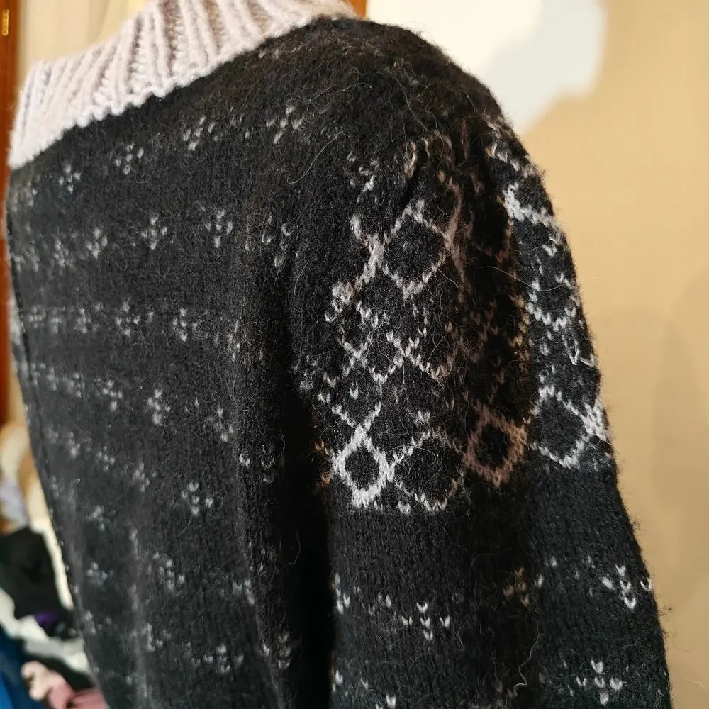 Free People Cropped Fair Isle Sweater Navy/Lavender Hearts Alpaca Wool Blend